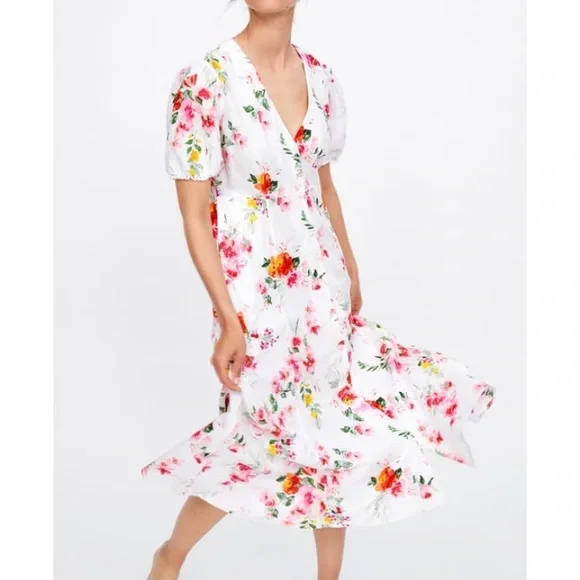 long midi dress Clydie White Floral Cap Sleeve Midi Dress - US 10